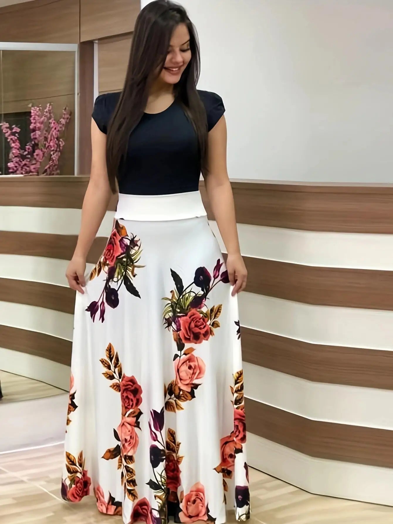 Women's Short Sleeves Dress™ Style flower print color matching short sleeved dresses