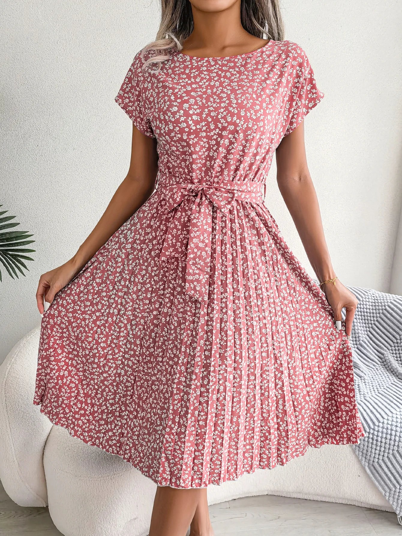Women Dresses™ Spring Summer Short Sleeve High Waist Floral Pleated A Line Long Dress