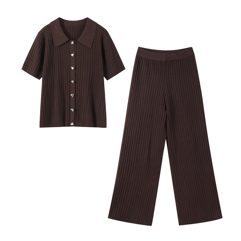 Women's Knitted Pants & Tops Set™ Turn Down Collar Half Sleeve Tops & Elastic Waist Straight Trousers Outfits