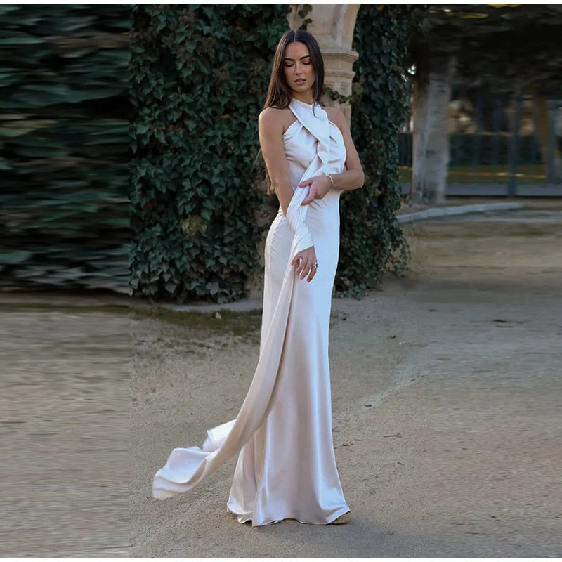 Women's Solid Ribbon Halter Dress™ Off Shoulder Sleeveless Backless Slim Maxi Dresses