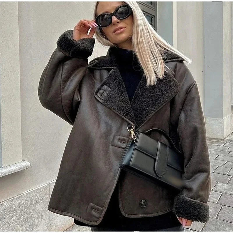 Women's Single Breasted Lapel Fleece Leather Jacket™ Long Sleeved With Pocket Warm Thick Coat