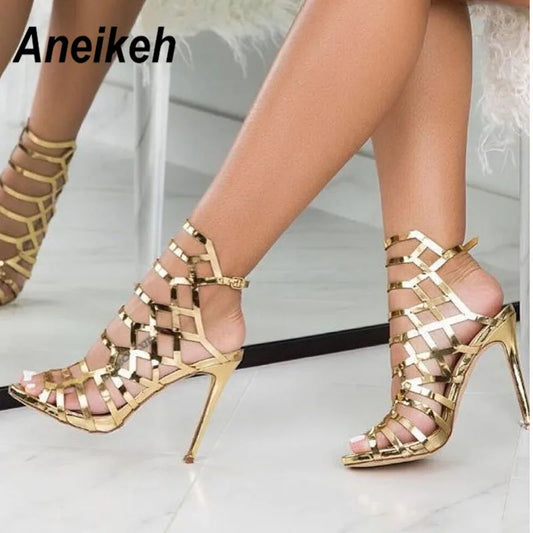Women's High Heels™ Aneikeh Gladiator Golden Hollow Out High Heel Strap Sandals