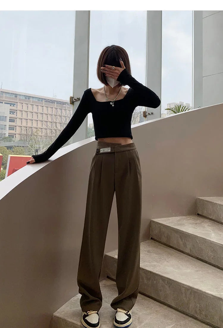 Women's High-Waisted Draped Bell Bottom Trousers™ Loose-Fit Floor-Length Straight-Leg Pants