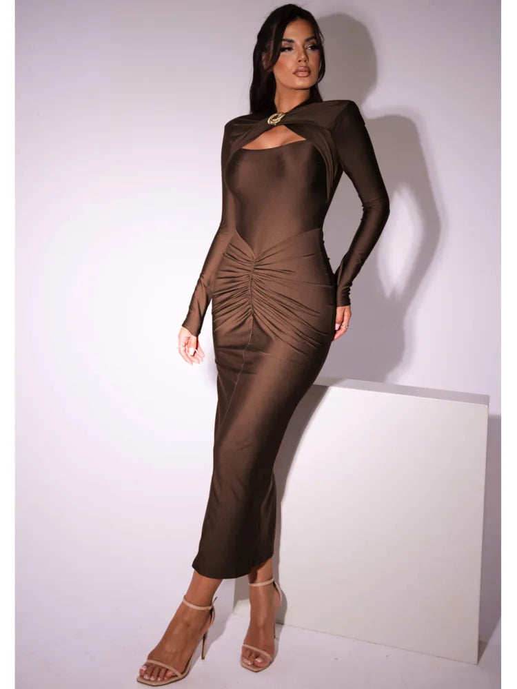 Women's Articat Tight Long Dress™ Elegant Long Sleeved Elastic Bodycon Pleated Hollowed Out Slim Dress