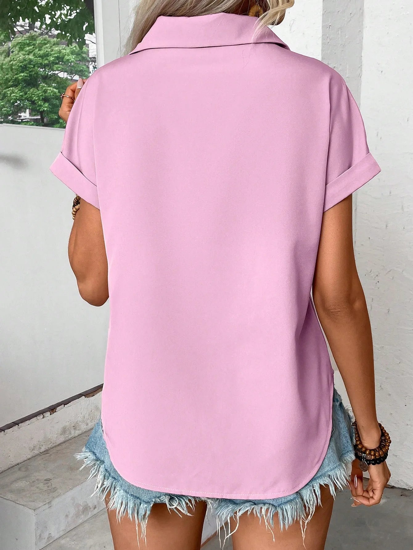 Women's Solid Color Buckle Lapel T-shirts™ Shoulder Pleated Flap Short-Sleeved Tops