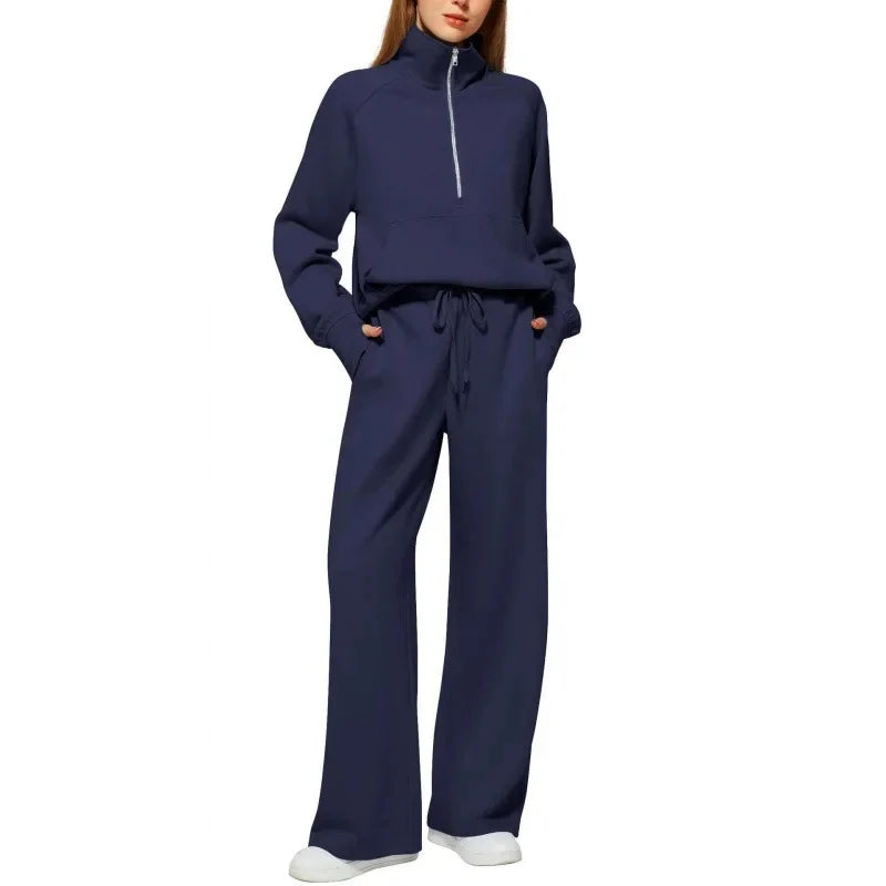 Women's European Style 2-Piece Set™ Zip Up Polo Shirt Wide Leg Sweatpants Casual Suit