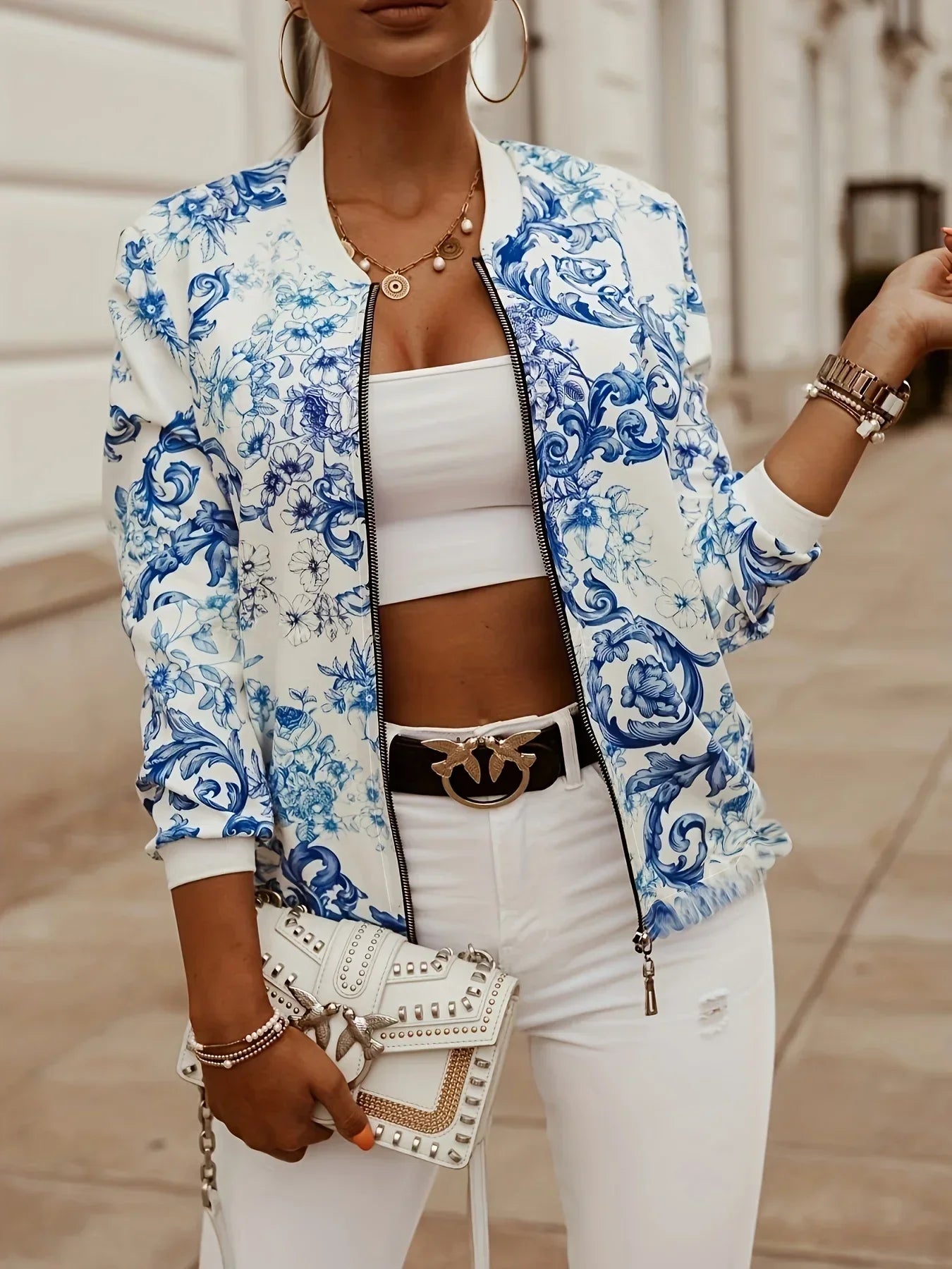 Women's Floral Print Bomber Jacket™ Zip Up Long Sleeve Outerwear