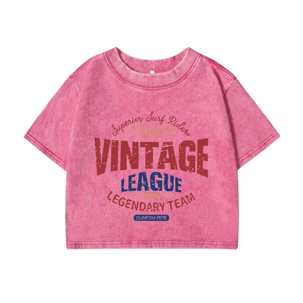 Women's Cotton Crop Washed T-Shirts™ Vintage League Letter Prints Short Sleeve Loose Tops