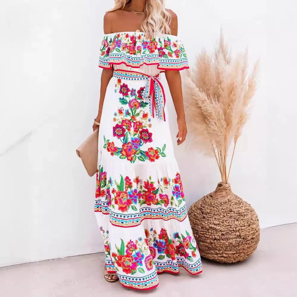 Women's Spring Summer Dresses™ Stand Off-shoulder Red Flower Printing Long Oversized Wide Hemline Sleeveless Dress