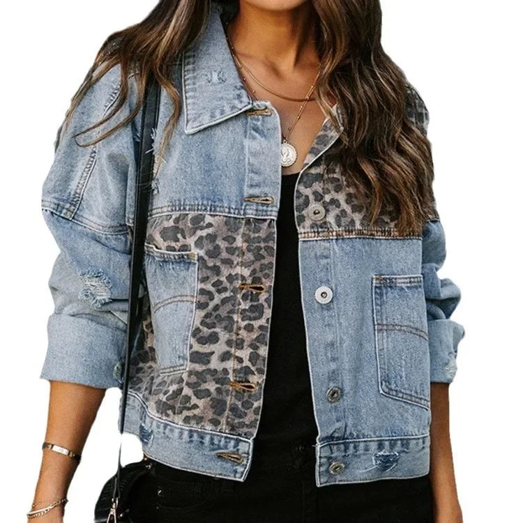 Women's Amazon Denim Jacket™ Long Sleeve Leopard Printed Jacket