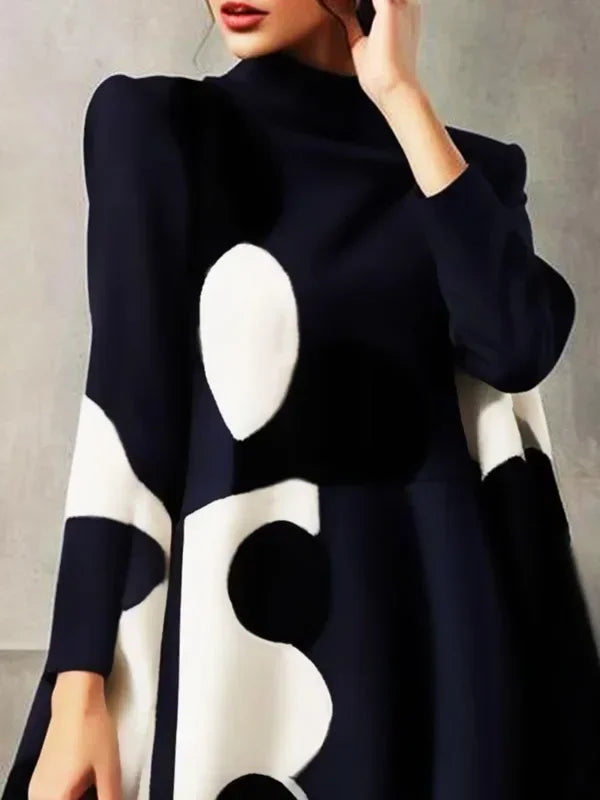Women's Black White Polka Dot Dress™ Lemongor Fashion Long Sleeves High-neck A-Line Party Dress