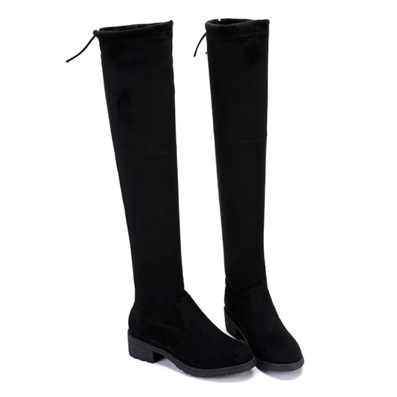 Women's Boots™ Winter Black Over The Knee Lace Up Chunky Round Toe Boots
