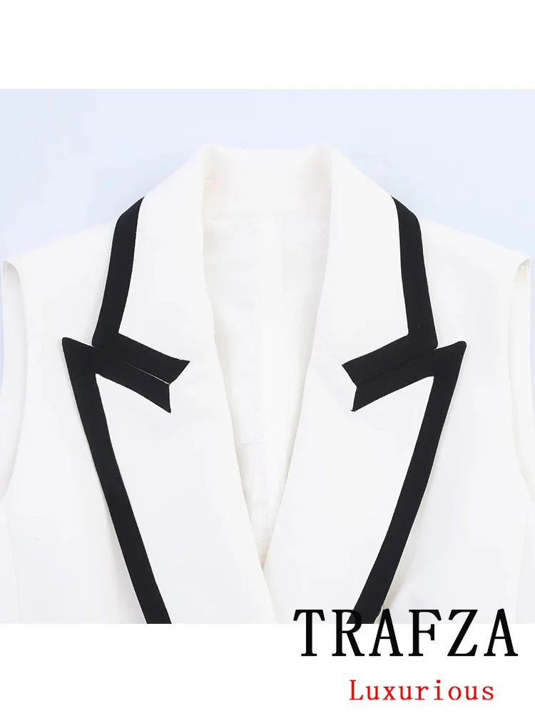 Women's Summer Suit™ TRAFZA Causal Chic Patchwork V Neck Double Breasted Vest Blazer Straight Shorts Spring Summer Sets