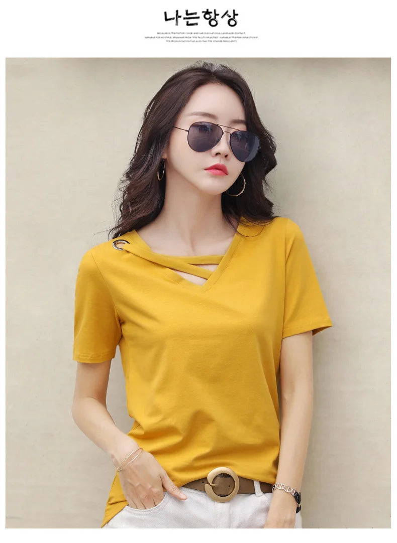 Women Short Sleeve Heart-neck T-shirt™ Half-sleeve Loose Tops
