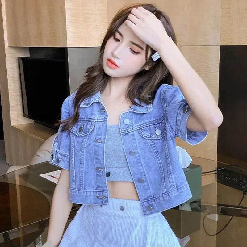 Women's Denim Summer Jacket™ Cropped Loose Short Sleeve Turn Down Collar Outerwear