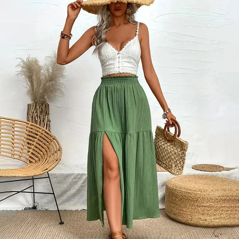 Women Bohemian Midi Skirt™ High Waist Solid A Line Ruffle Side Slit Skirts