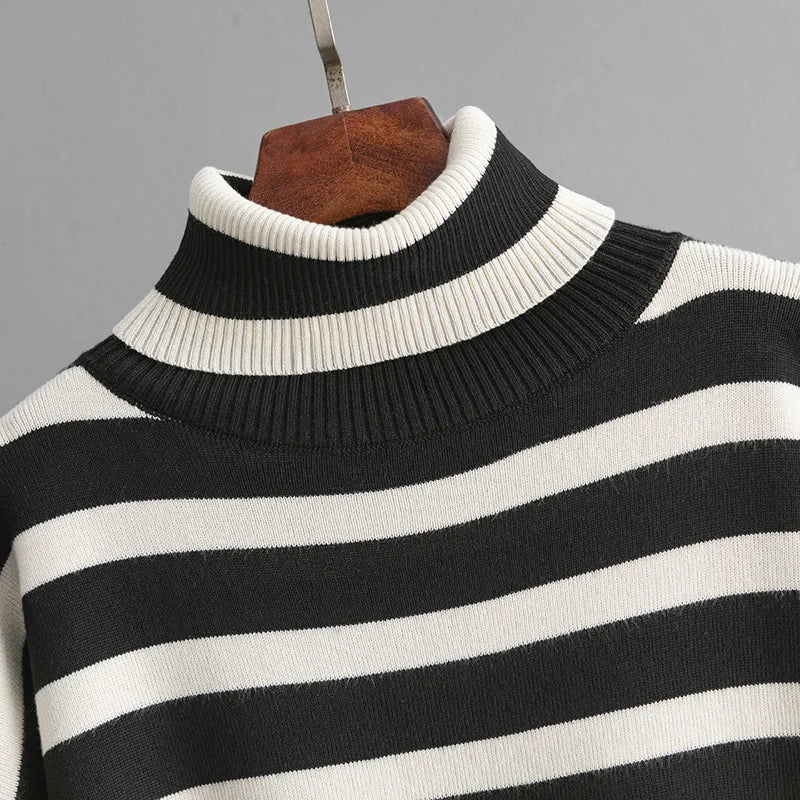 Women's Suits™ SINGREINY Striped Turtleneck Sweater High Waist Wide Leg Pants Knitted Loose Suits
