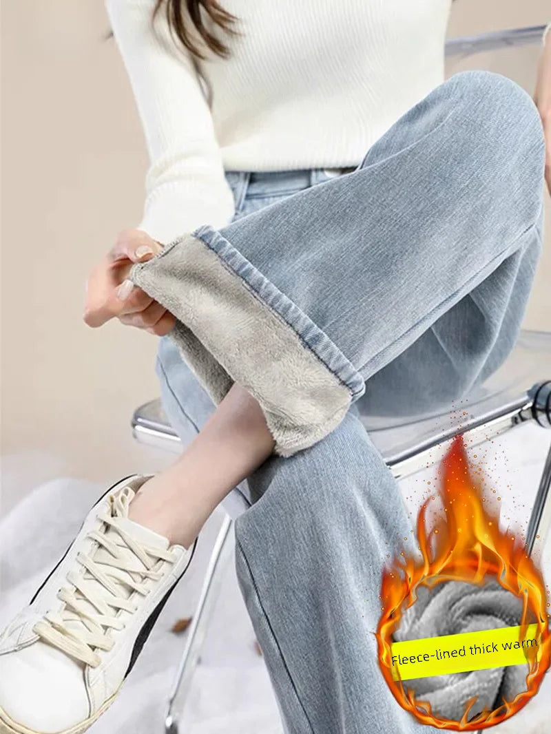 Women's  Thickened Fleece-lined Jeans™ High-waisted Straight-leg Slimming Loose-fit Denim Jeans