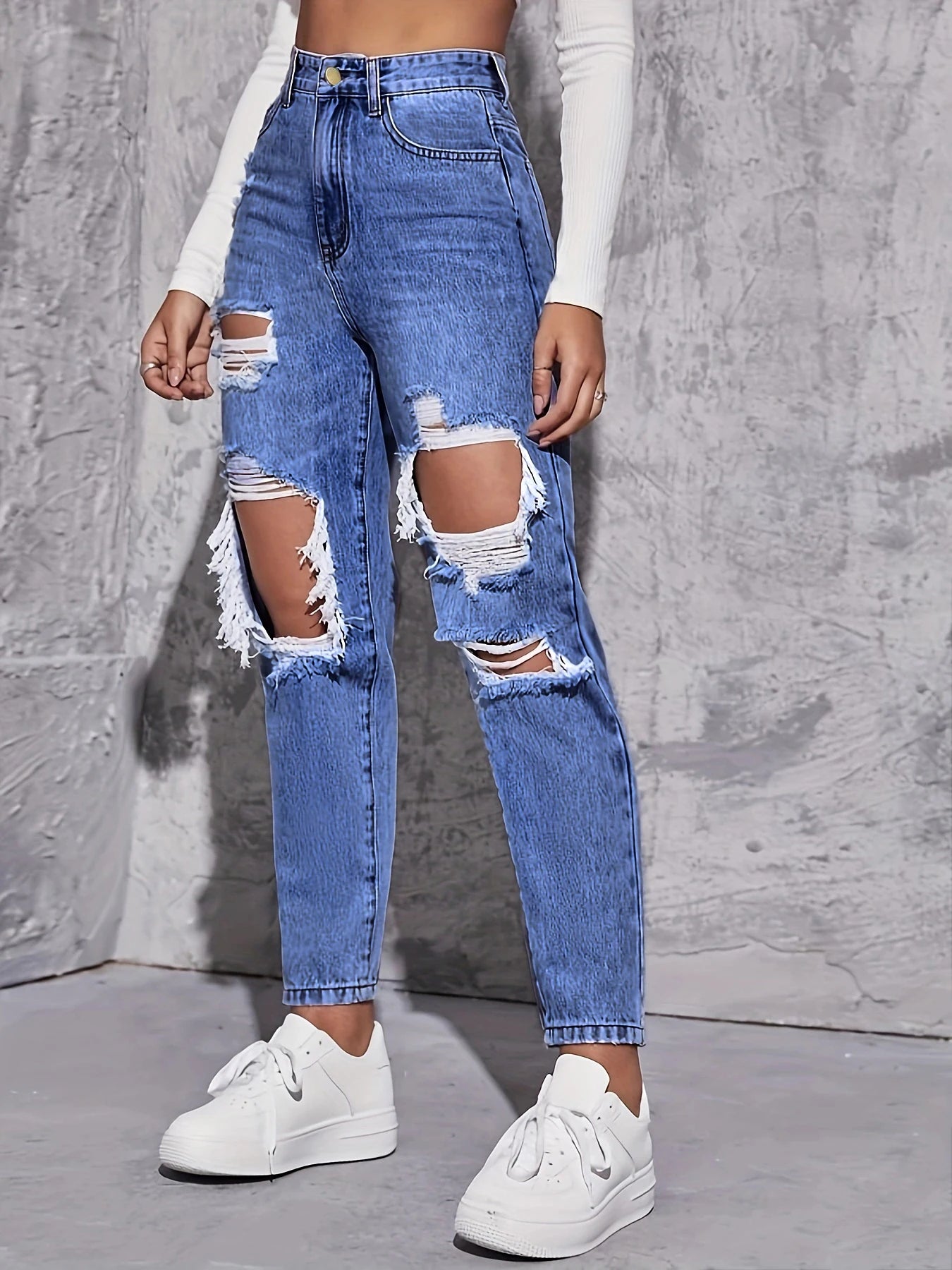 Women's Retro Hole-punched Jeans™ High Waist Straight Loose Slim Dragging Pants