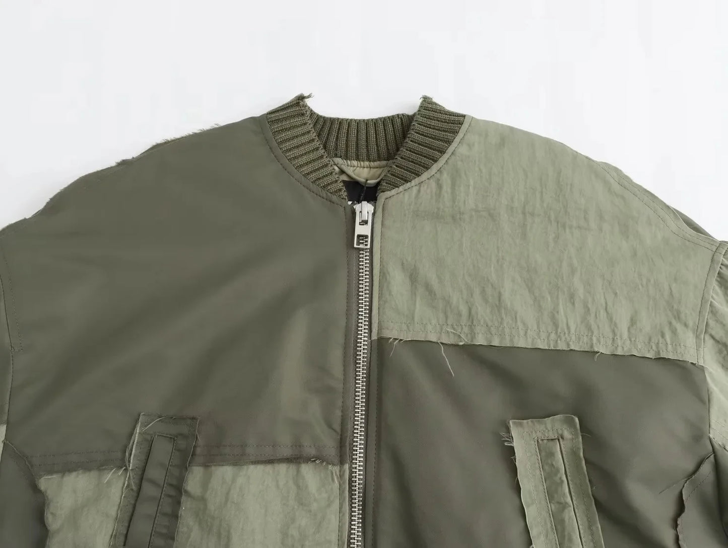 Women's Army green Bomber™ Jackets  KONDALA Patchwork Zipper Pockets Oversized Coats