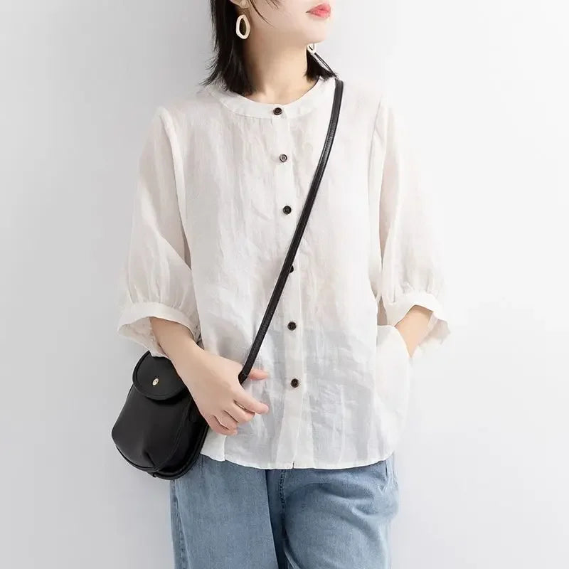 Women's Cotton Linen Shirts™ Loose Fit Round Neck Plus Lantern Sleeve Shirt