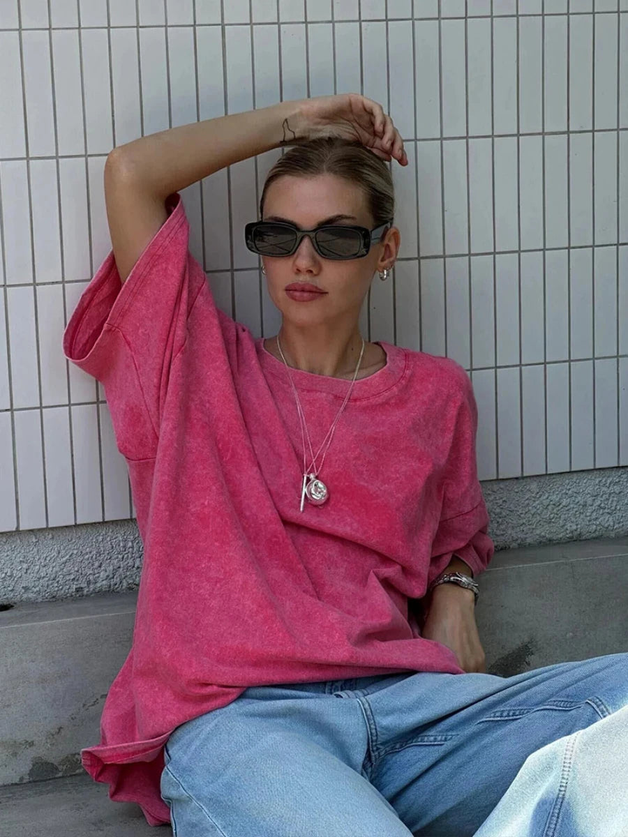 Women's Cotton Washed T-shirt™ O-Neck Oversized Solid Short Sleeve Tops