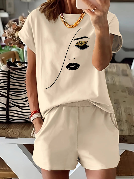Women's simple portrait print loose shirt and shorts™ round neck short sleeved T-shirt and shorts two-piece set
