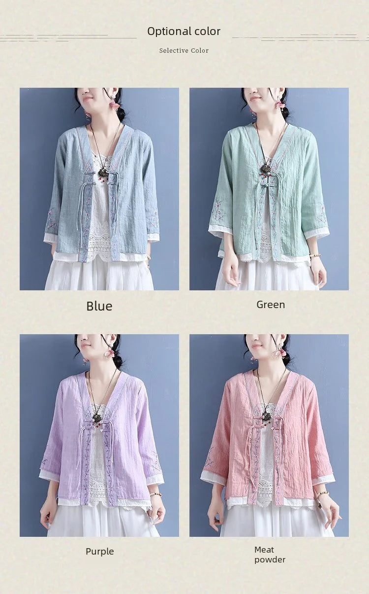 Women's V-neck Cotton Cable Knit T-shirt™ Double Button Seven Half Sleeve Vintage Cardigan