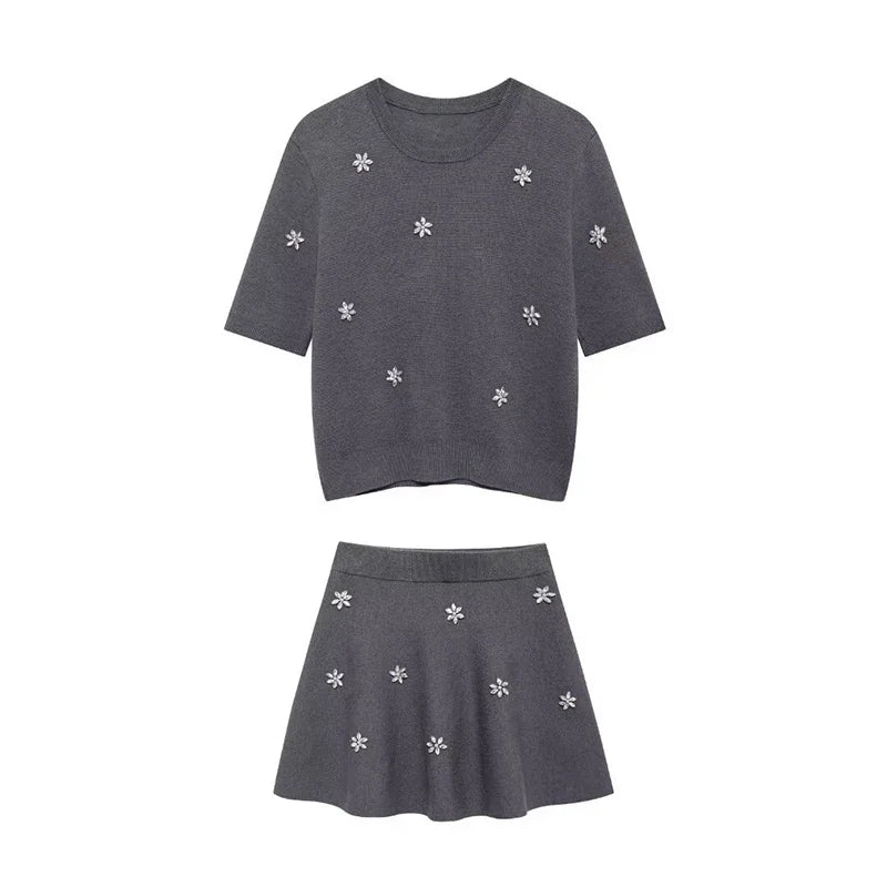 Women's Knitted Rhinestone Sets™ Short Sleeve Sweater & Mini Skirts Matching Outfit