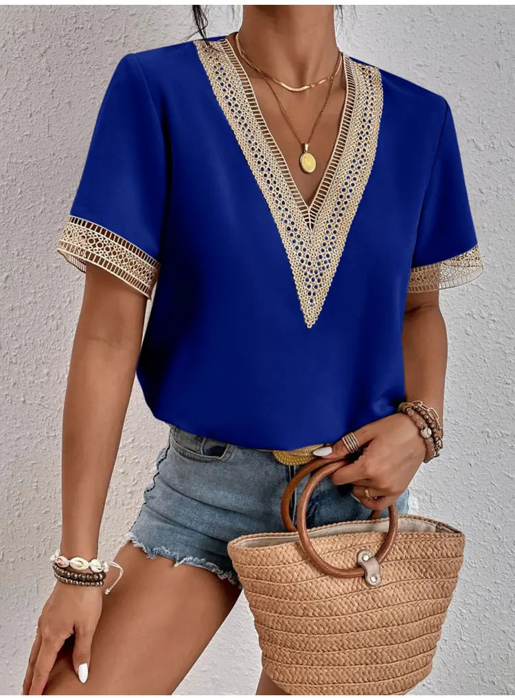 Women's Short Sleeve T-Shirt™ Summer Slim Fit Pullover Basic Tees V Neck Lace Tops Y2k Clothes