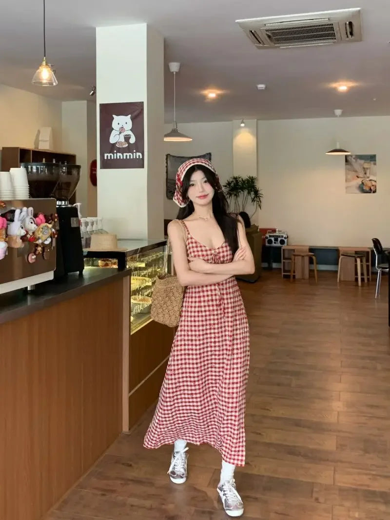 Women's Red Plaid Strapless Slim Fit Summer Dress™ French Style Backless Long Dress