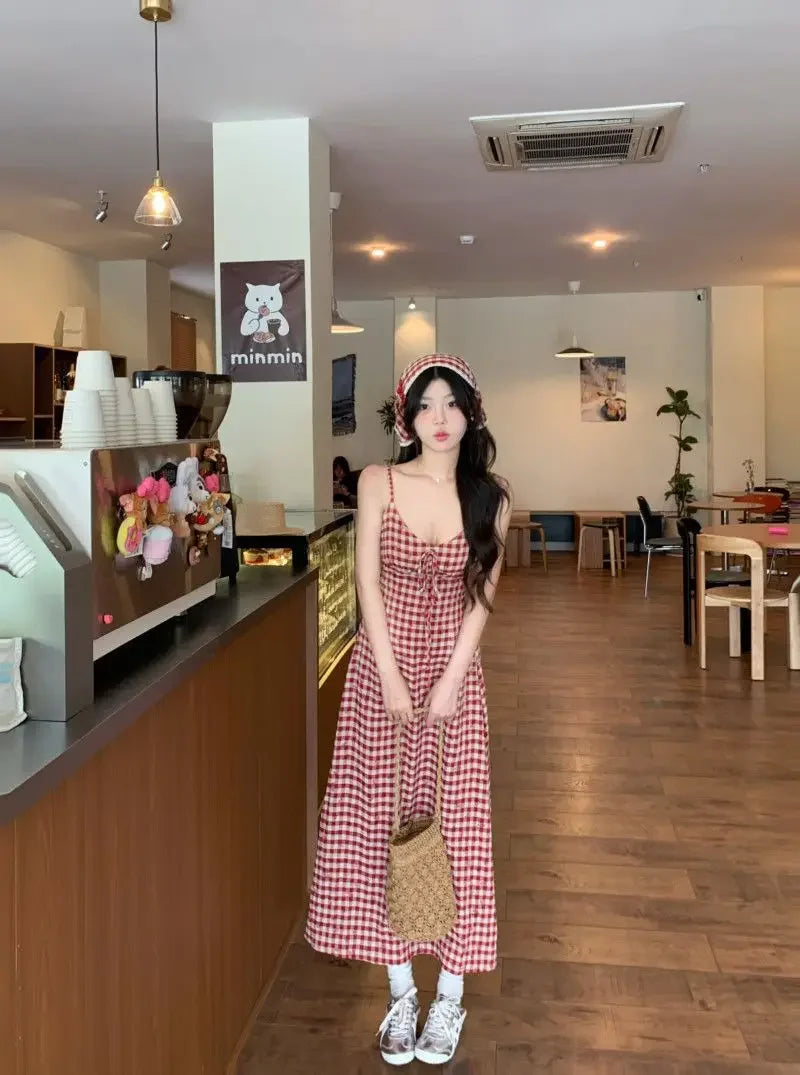 Women's Red Plaid Strapless Slim Fit Summer Dress™ French Style Backless Long Dress
