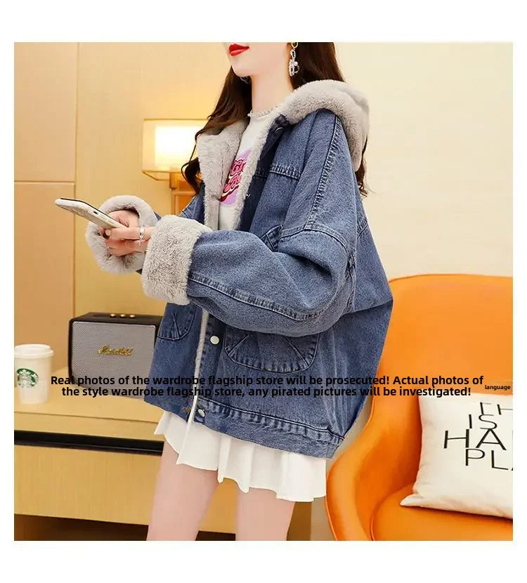 Women's Fleece-lined Jacket™ Thickened Denim Style Loose Fit High-end Feel Idle Top