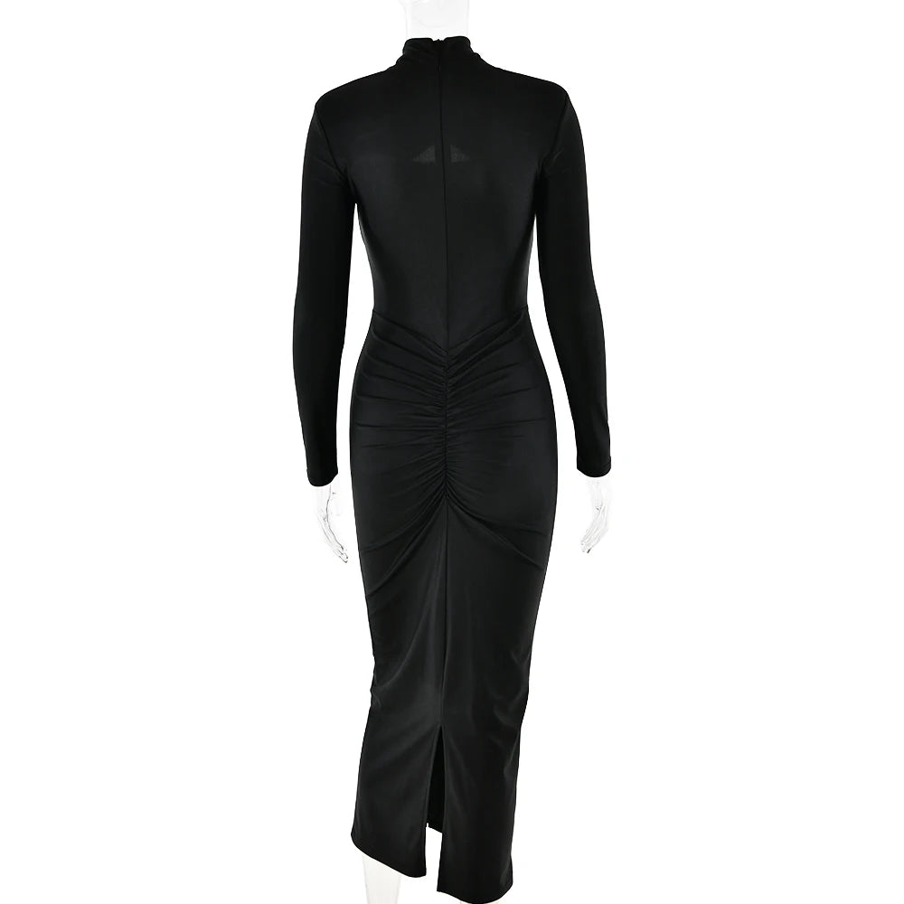 Women's Articat Tight Long Dress™ Elegant Long Sleeved Elastic Bodycon Pleated Hollowed Out Slim Dress