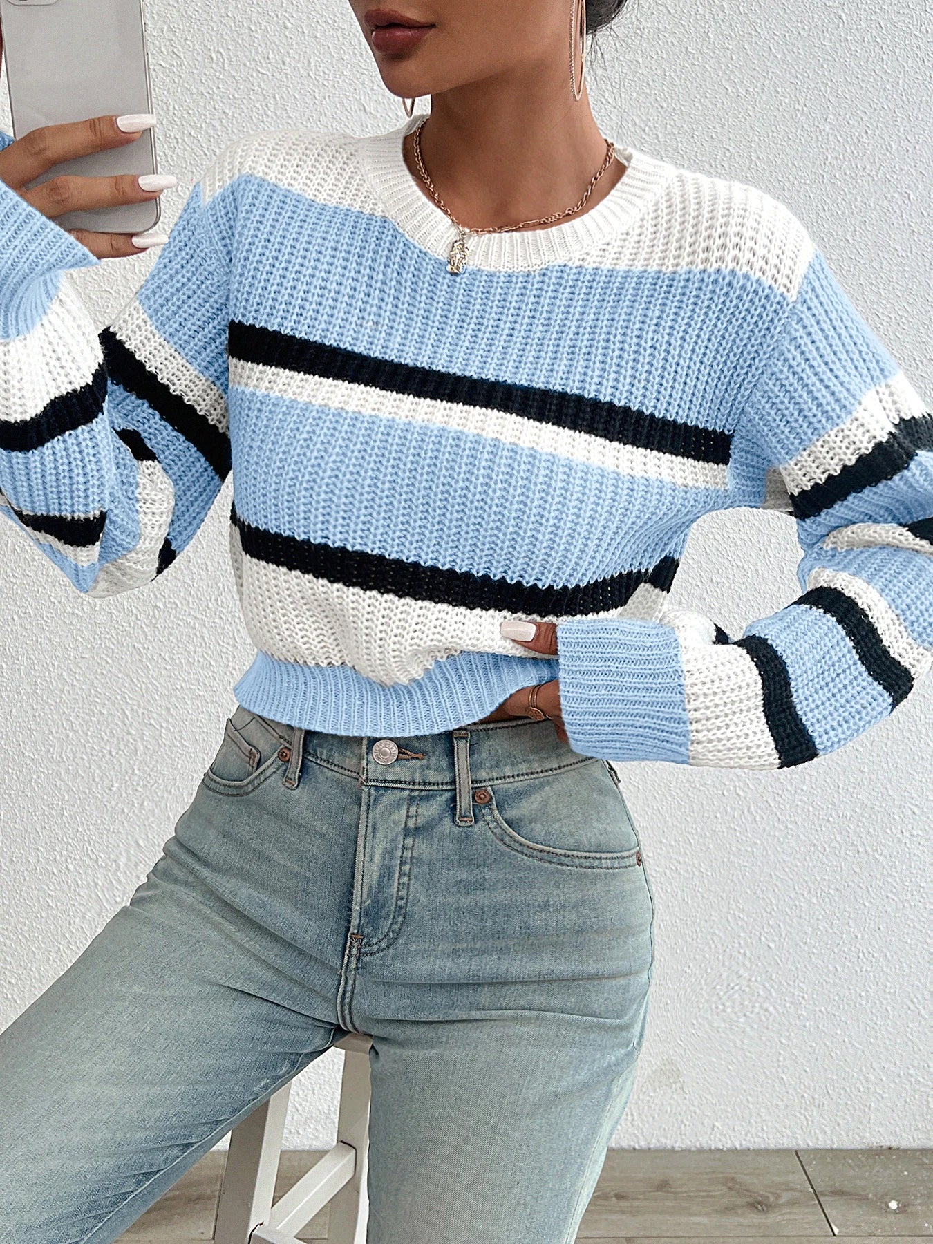 Women's loose drop shoulder round neck sweater™ color knitted long sleeve sweater