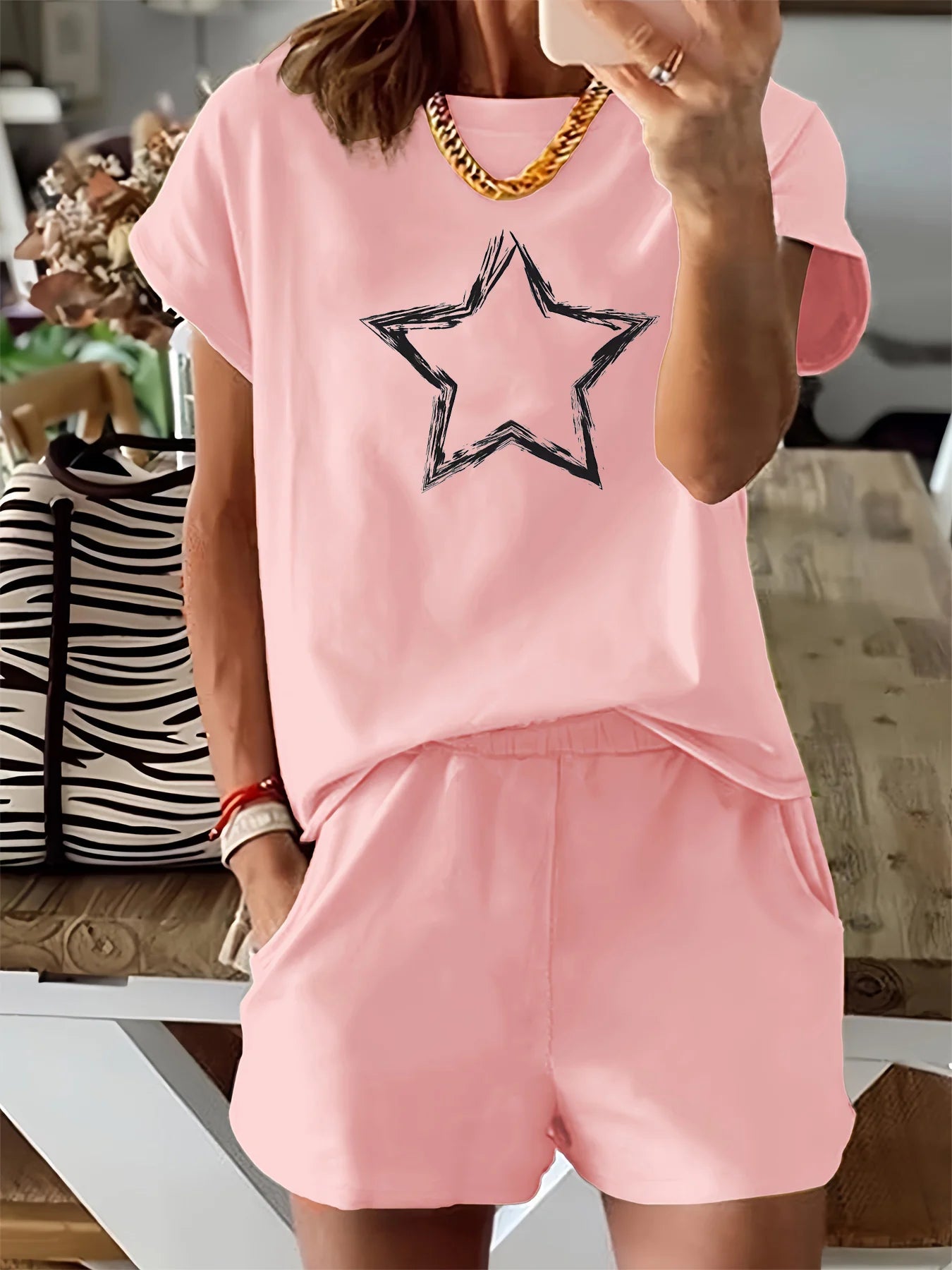 Women's Summer pattern printed shirt & shorts set™ loose round neck short sleeved T-shirt shorts two-piece set