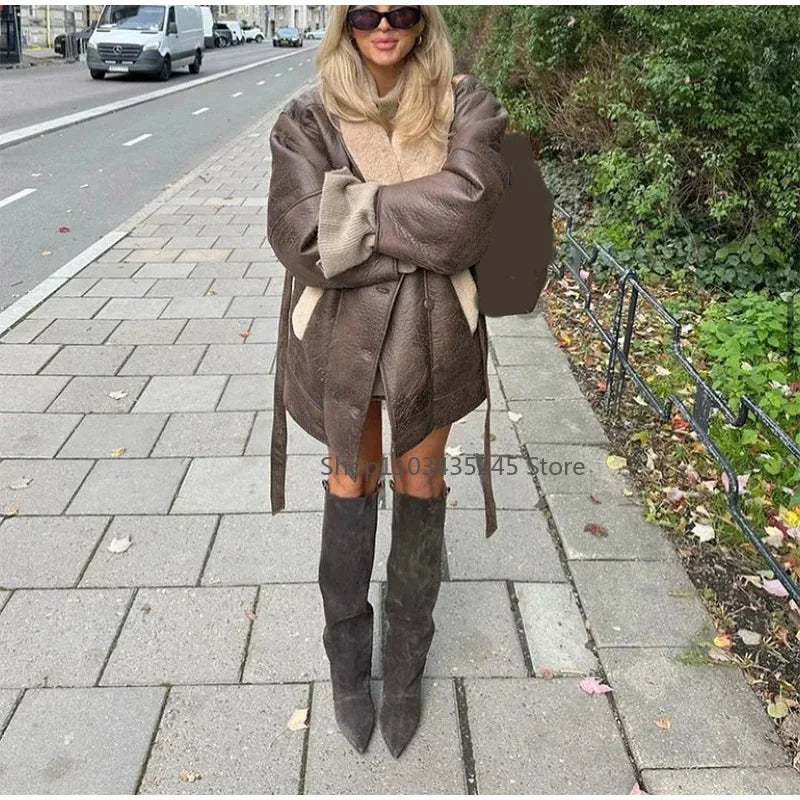 Women's Sheepskin Neck Spliced Faux Leather Coat™ With Belt Fashion Loose Lapel Pocket Overcoat Winter Warm Thicken Streetwear