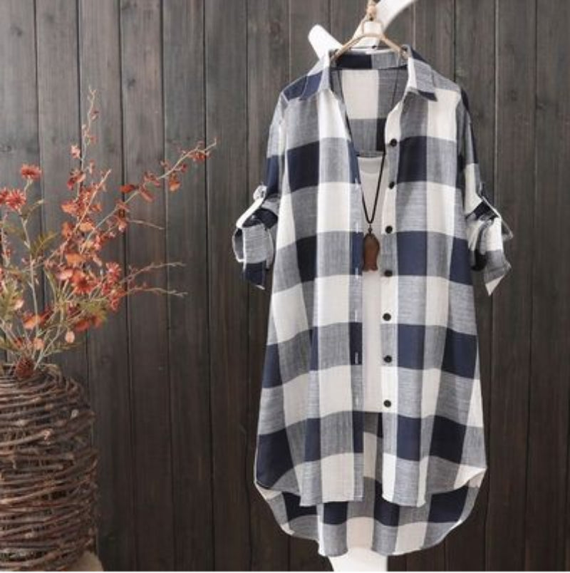 Women's Plus Size Loose Plaid Blouse™ Mid Length Long Sleeve Cotton Shirt Outwear