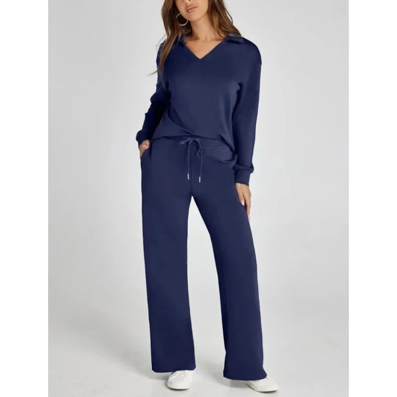Women's 2 Piece Set™ Loose Long Sleeve V-Neck Top with Drawstring Elastic Waist Bell BottomsSet