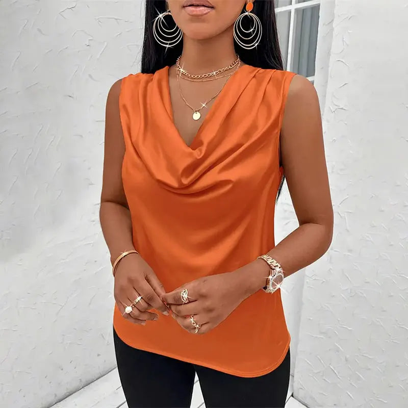 Women's Silk-Like Satin Tank Tops™ Strappy Cowl Neck T-Shirts