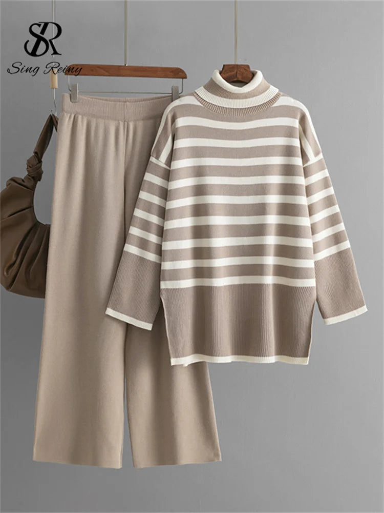 Women's Suits™ SINGREINY Striped Turtleneck Sweater High Waist Wide Leg Pants Knitted Loose Suits
