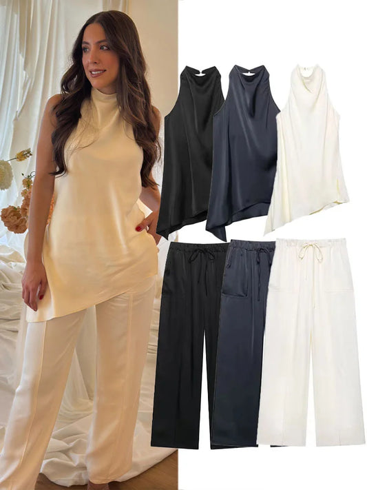 Women's Suit Set™ EDSA Asymmetric Hem Open Back Halter Neck Blouse Mid-rise Straight Long Trousers Suits