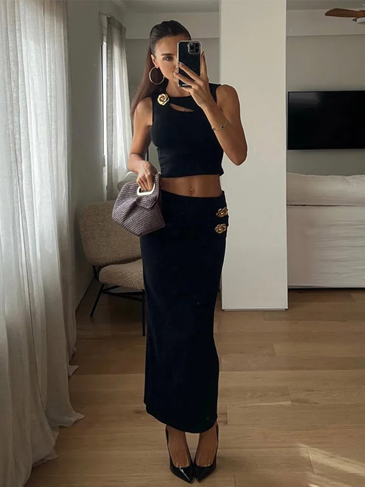 Women's Flower Hollow Out Suit™ Women Top Slim Sleeveless Tank High Waist Hip Package Skirt Suit