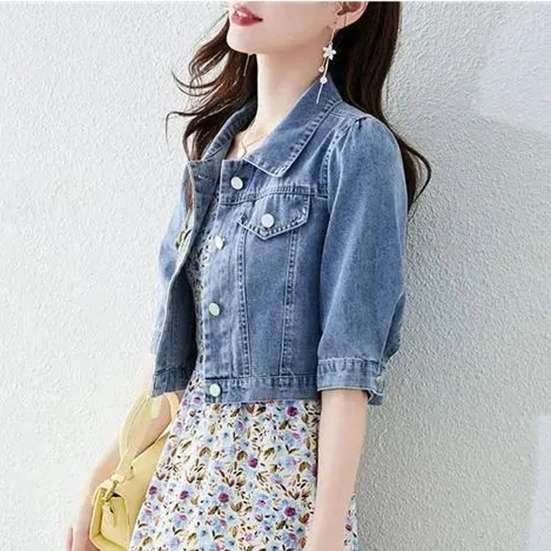 Women's Vintage Crops Turn Down Collar Jackets™ Half Sleeve Denim Fit Harajuku Outwear