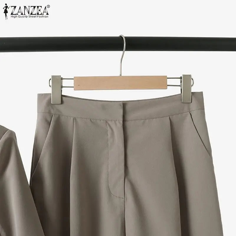 Women's Vintage Tracksuit™ ZANZEA Elegant Blazer Long Sleeve Tops Wide Leg Pants Work Suit
