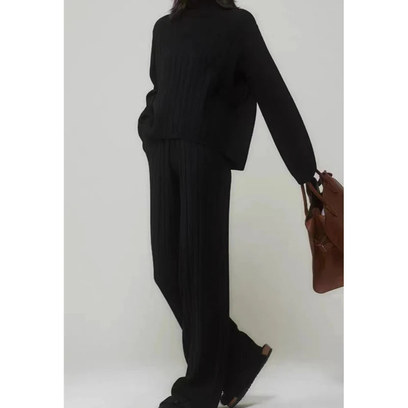 REALEFT Women's Knitted Tracksuit™ Turtleneck Sweater and Straight Jogging Pant Suits