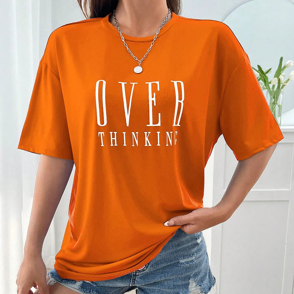 Over Thinking Letter Print Women's Cotton Short Sleeve Vintage T-shirt™ Breathable O-Neck T-Shirts