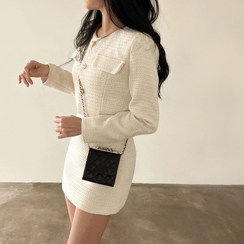 HELIAR Women's Jacket & Skirt Set™ Tweed Long Sleeve Pearl Buttons Short Jacket and A-line Mini Skirt Outfits