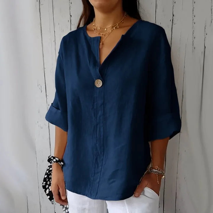 Women's Summer loose T-shirt™ V-neck cotton and linen button tops