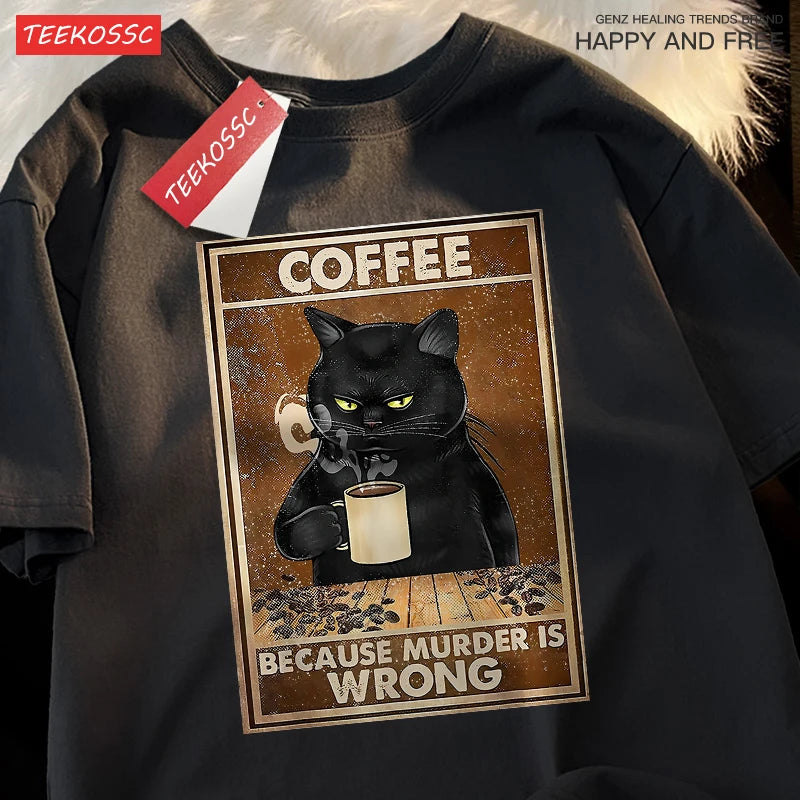 Men & Women Oversized T Shirts™ Black Cat Drink Coffee Cotton Streetwear T-Shirt